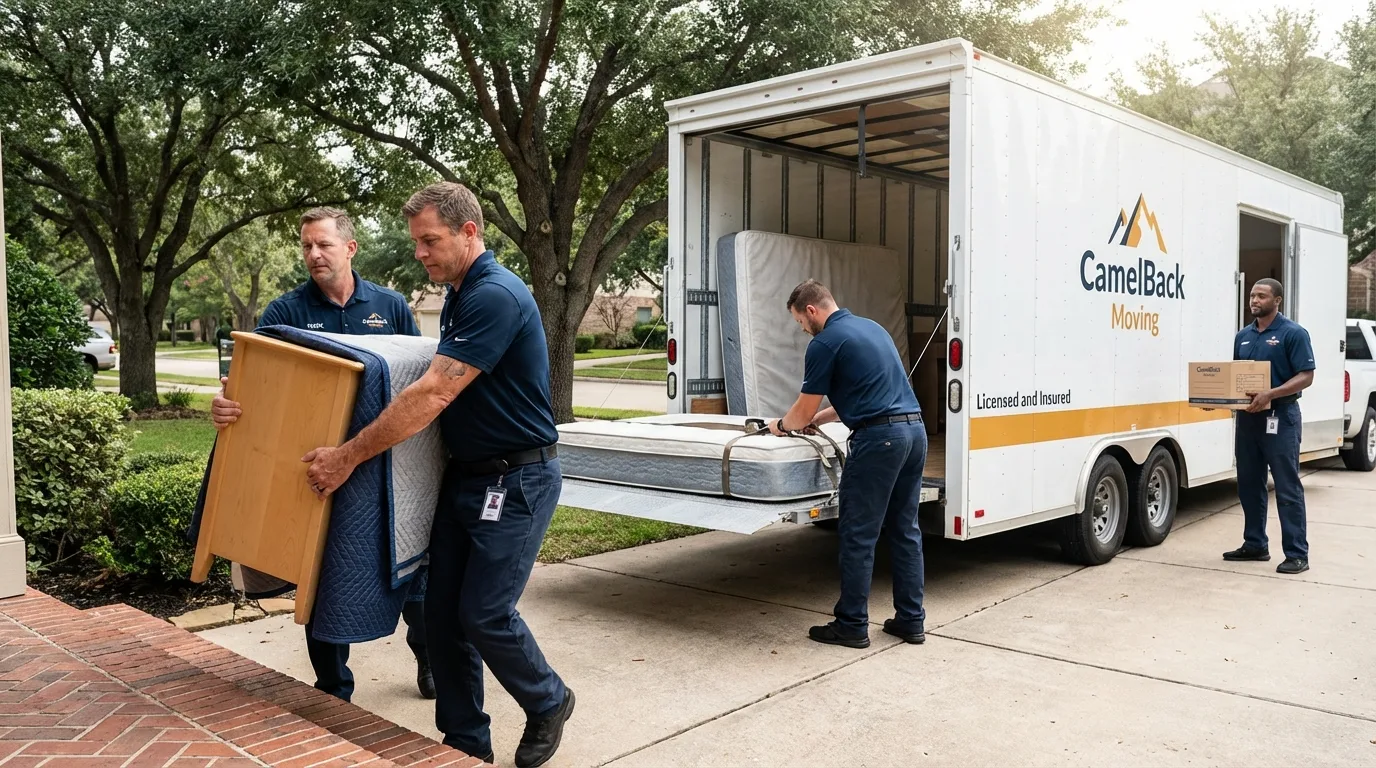 Crew loading residential truck for cross-state move from Port Washington, WI