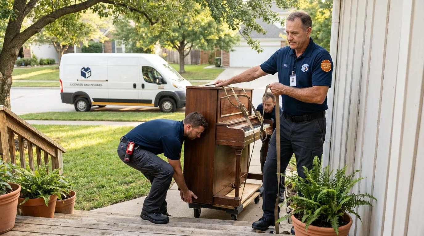 Licensed piano movers securing grand piano in Port Washington, WI