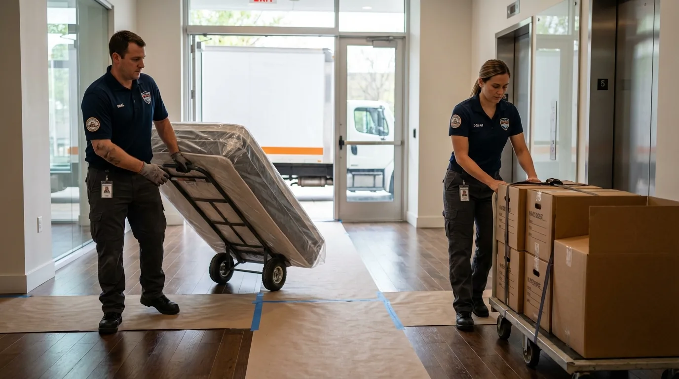 Professional apartment movers loading elevator in Port Washington, WI